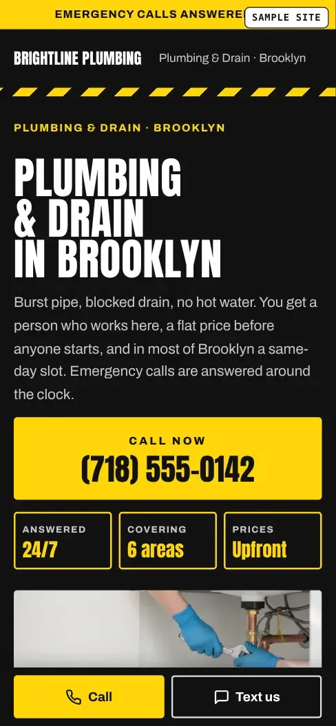 Rivera Plumbing, a sample business, in the Hotline look