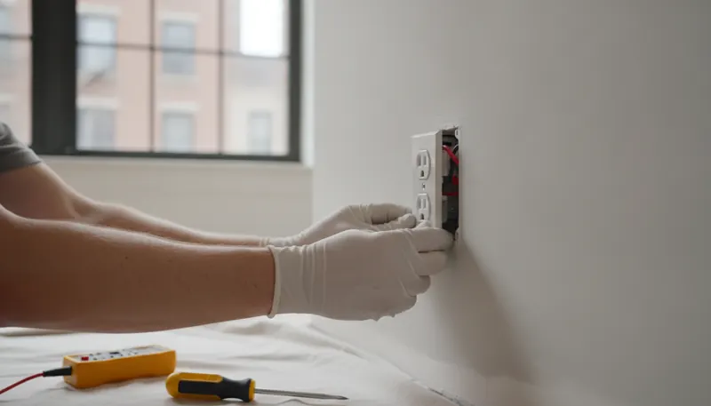 Gloved hands fitting a new wall outlet