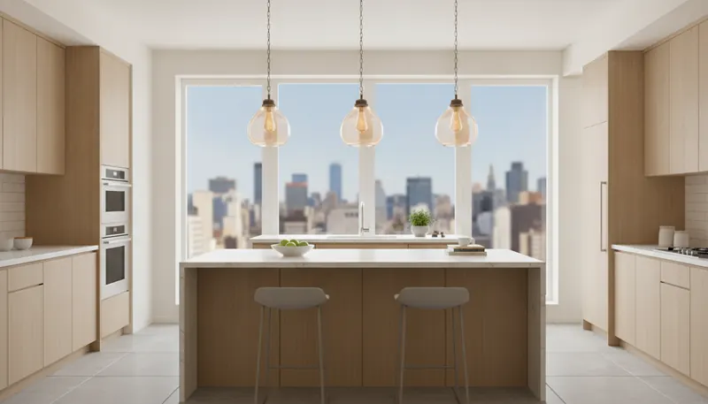 A bright, finished kitchen with three pendant lights over the island