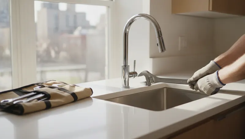 Gloved hands tightening a kitchen faucet with a wrench