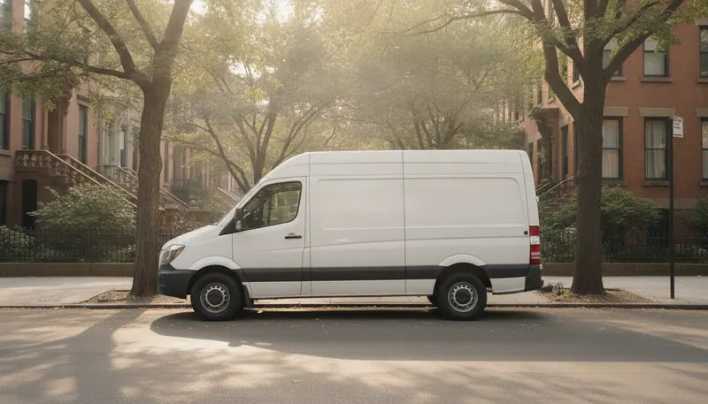 A plain white work van parked on a tree-lined Brooklyn street