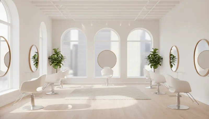 A bright, empty salon with white chairs and round mirrors