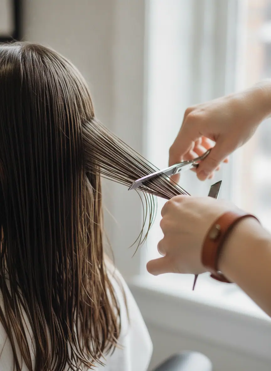 Illustration of close-up of a stylist's hands cutting a client's damp hair with shears and a comb, the hair sharp and in focus, seen from behind the client's shoulder, no face visible