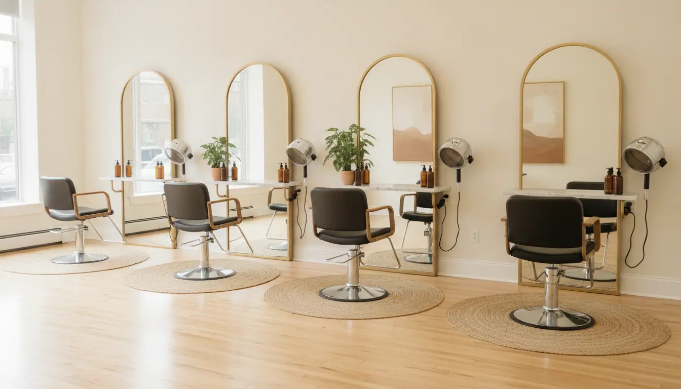 Illustration of a row of hair-styling stations seen from the side after closing time: salon chairs, mirrors, a hair dryer and round brushes on each counter, clearly a hair salon, the room completely empty of people, nothing reflected in the mirrors but the room