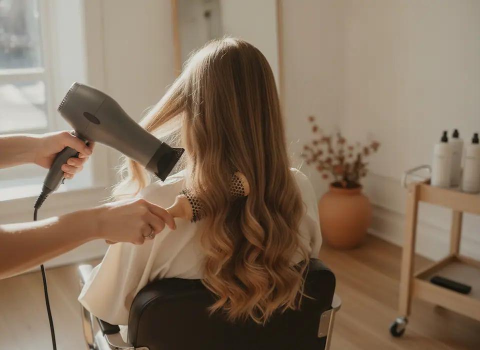 Illustration of a stylist's hands blow-drying a seated client's long hair with a round brush, seen from behind the salon chair, no face visible