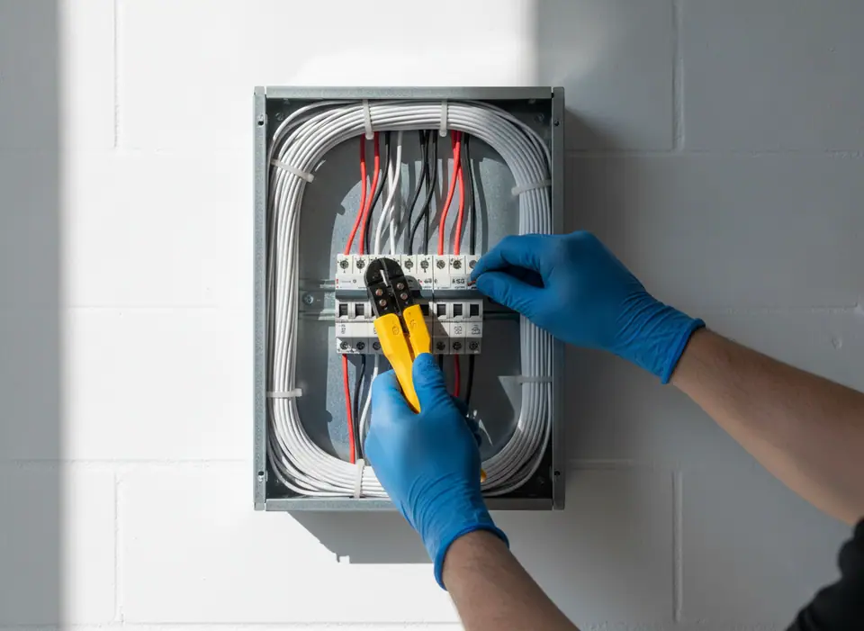 Illustration of a neatly wired residential electrical panel with the cover off, tidy bundled wires, no stickers