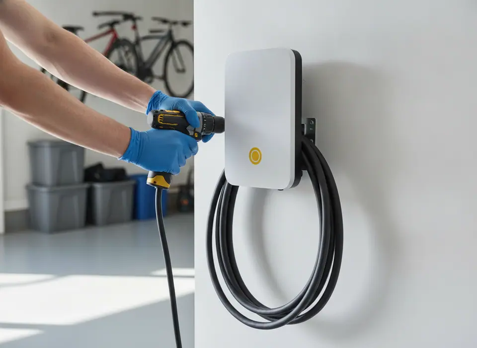 Illustration of a new wall-mounted EV charger with a neatly coiled cable in a clean, bright garage