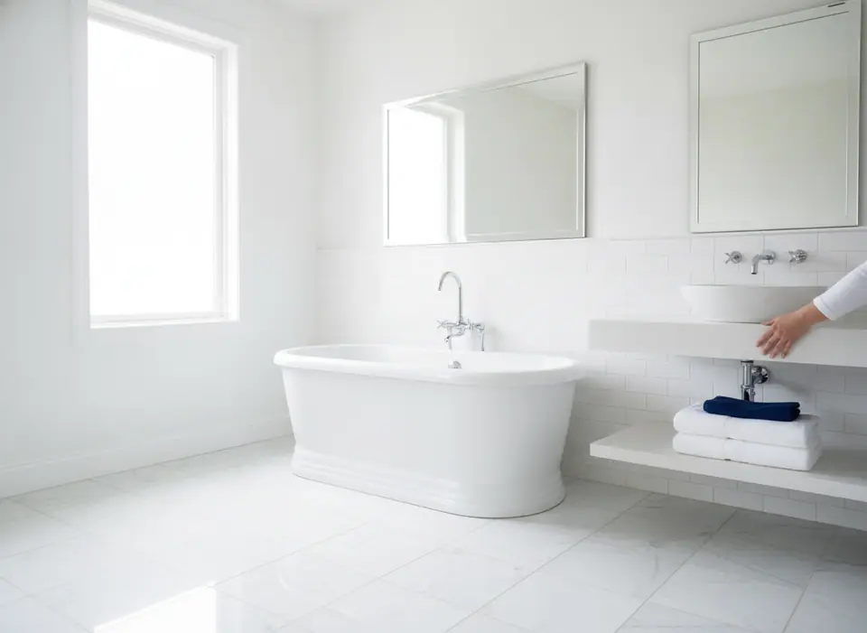 Illustration of a gleaming white bathroom with polished chrome and neatly folded towels, empty, no people and no reflections of people in the mirror
